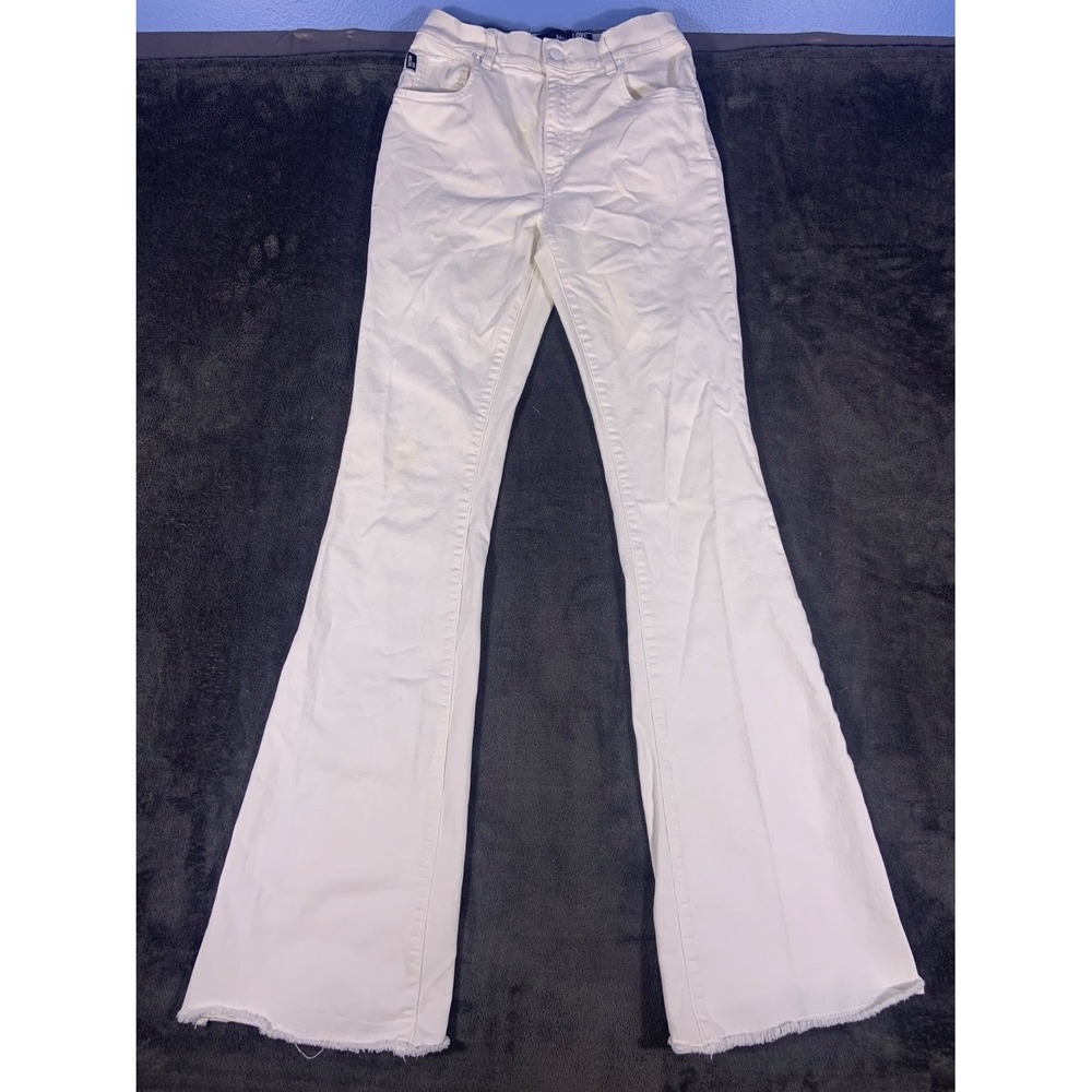 Love Moschino Women White Flare Jeans Size 26 Raw Hem Distressed Logo Patch